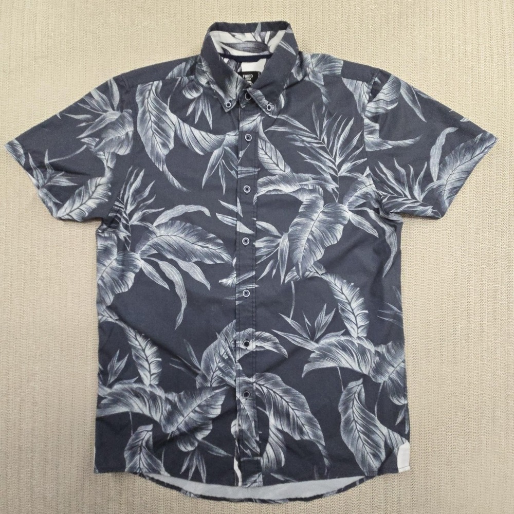Fried Denim Shirt Mens Small Blue Tropical Leaf Short Sleeve Slim Fit Stretch